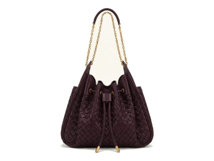 JW PEI Rowan Weaving Ruched Drawstring Chain Bucket Bag Dark Cherry