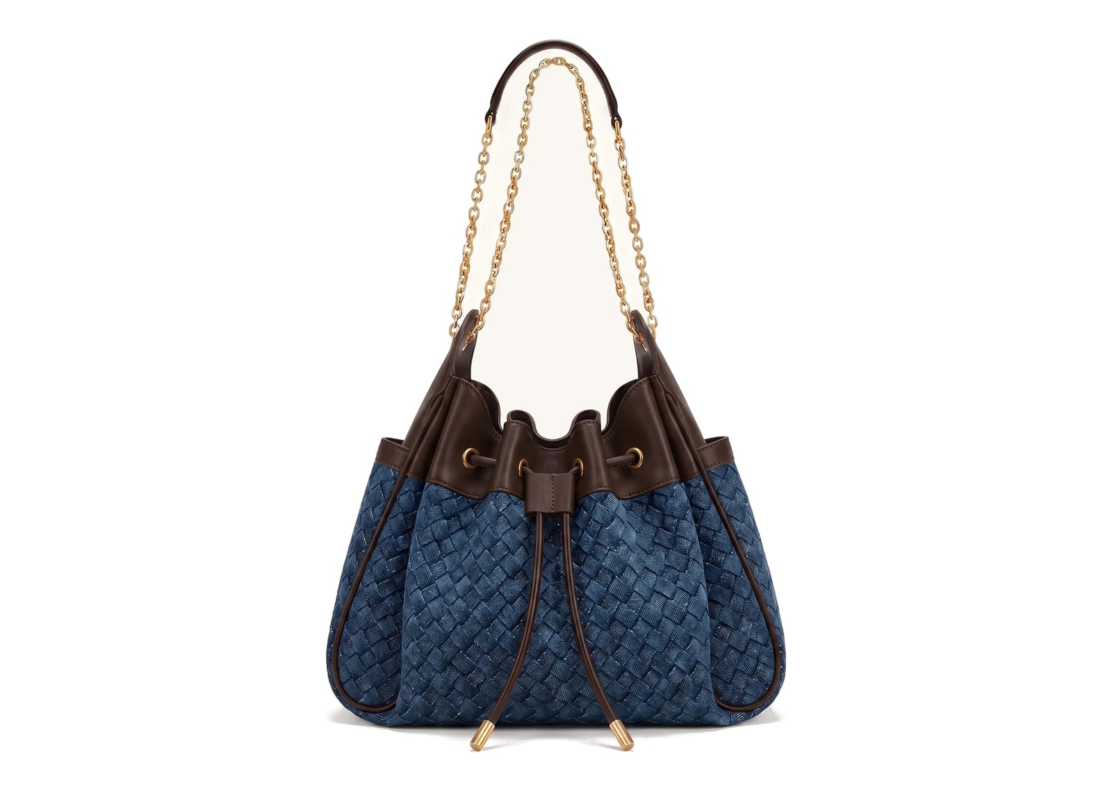 JW PEI Rowan Weaving Ruched Drawstring Chain Bucket Bag Sea Blue Denim