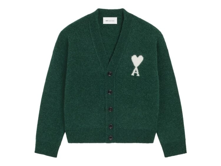 Ami Paris Ami De Coeur Alpaca Cardigan Bottle Green/Ecru
