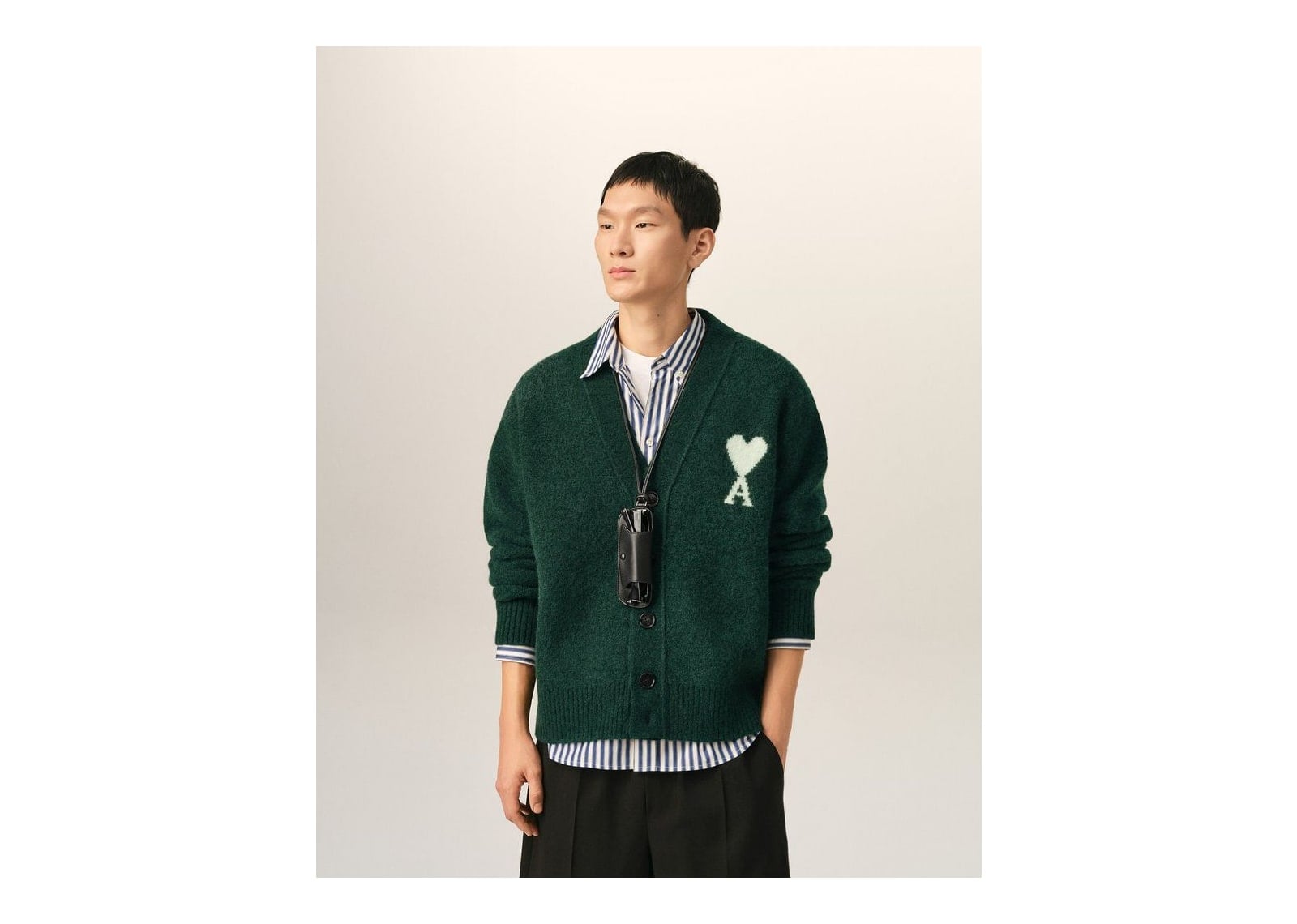 Ami Paris Ami De Coeur Alpaca Cardigan Bottle Green/Ecru - görsel 2