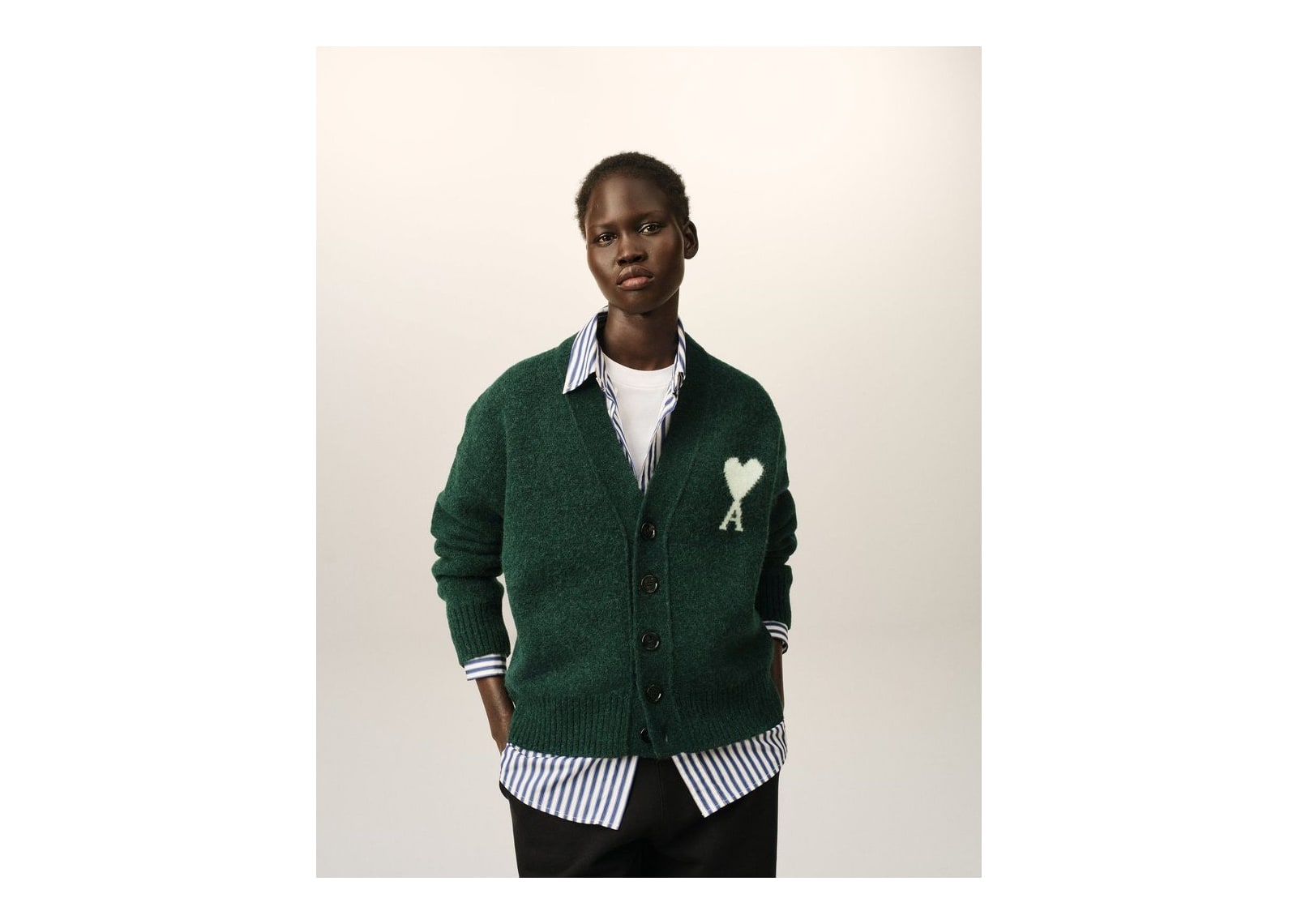 Ami Paris Ami De Coeur Alpaca Cardigan Bottle Green/Ecru - görsel 8