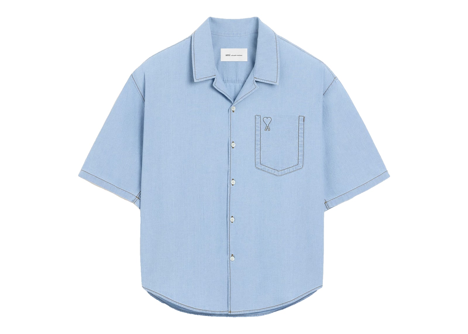 Ami Paris Ami De Coeur Boxy Cotton Short-Sleeve Shirt Cashmere Blue