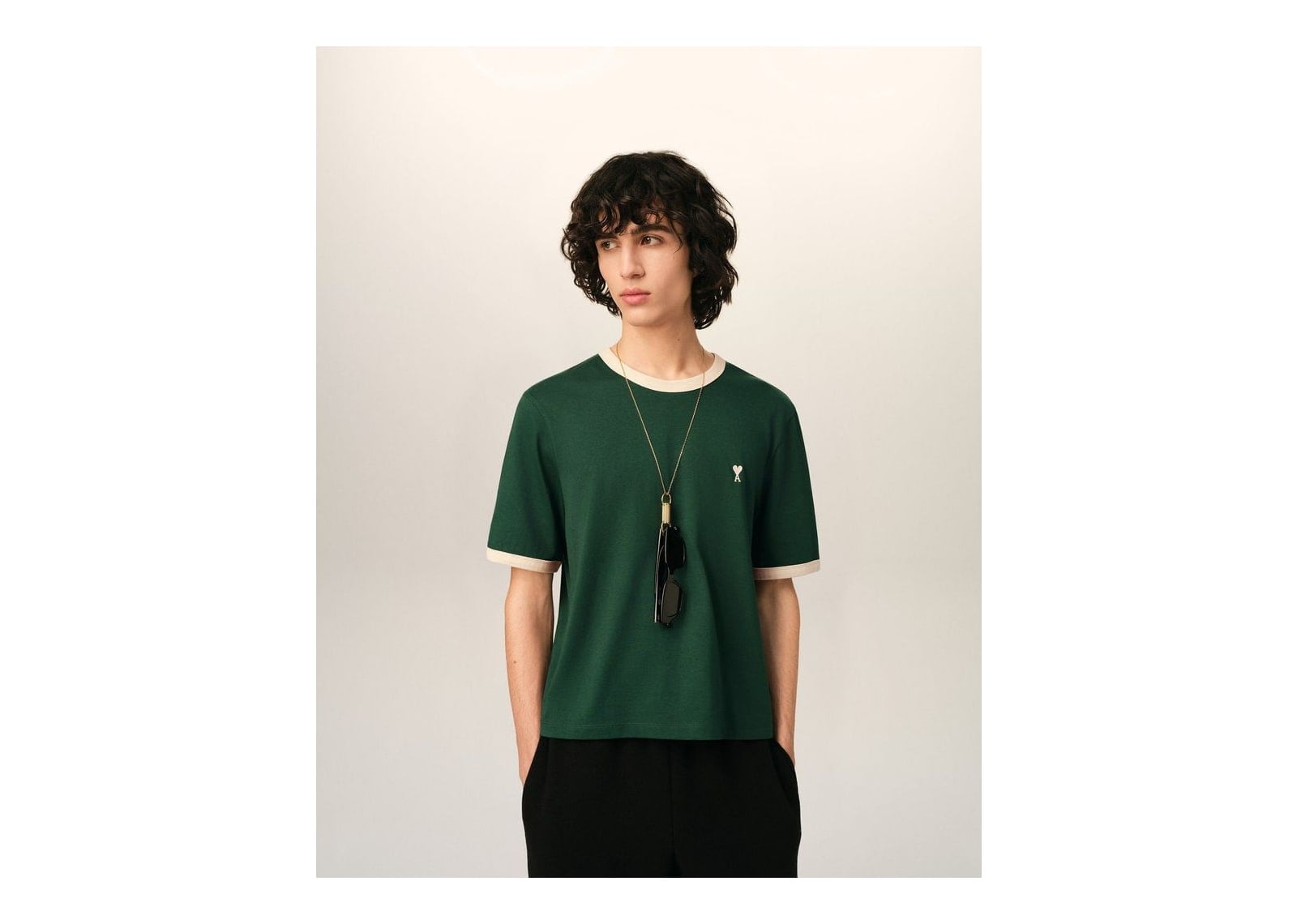 Ami Paris Ami De Coeur Contrasted Cotton T-Shirt Bottle Green/Ivory - görsel 2