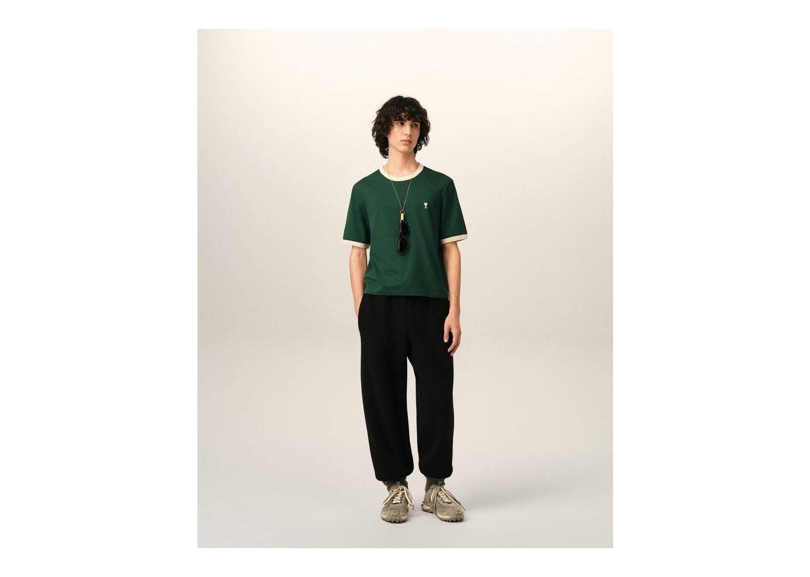 Ami Paris Ami De Coeur Contrasted Cotton T-Shirt Bottle Green/Ivory - görsel 3