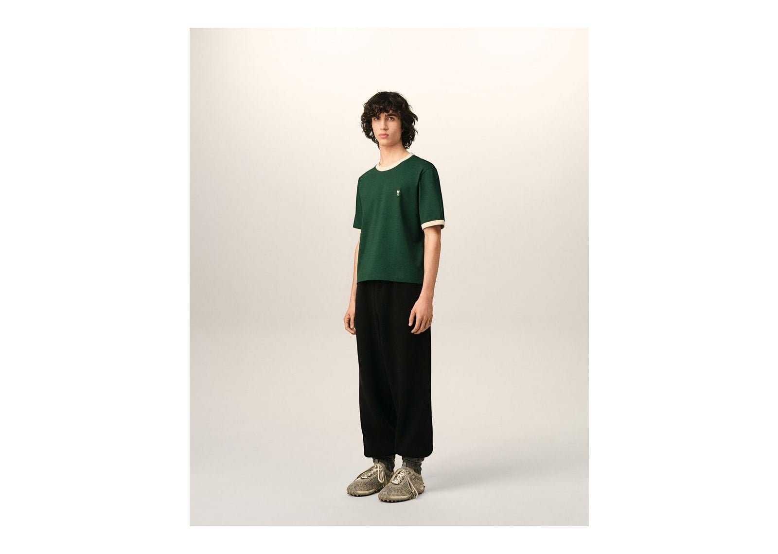 Ami Paris Ami De Coeur Contrasted Cotton T-Shirt Bottle Green/Ivory - görsel 6