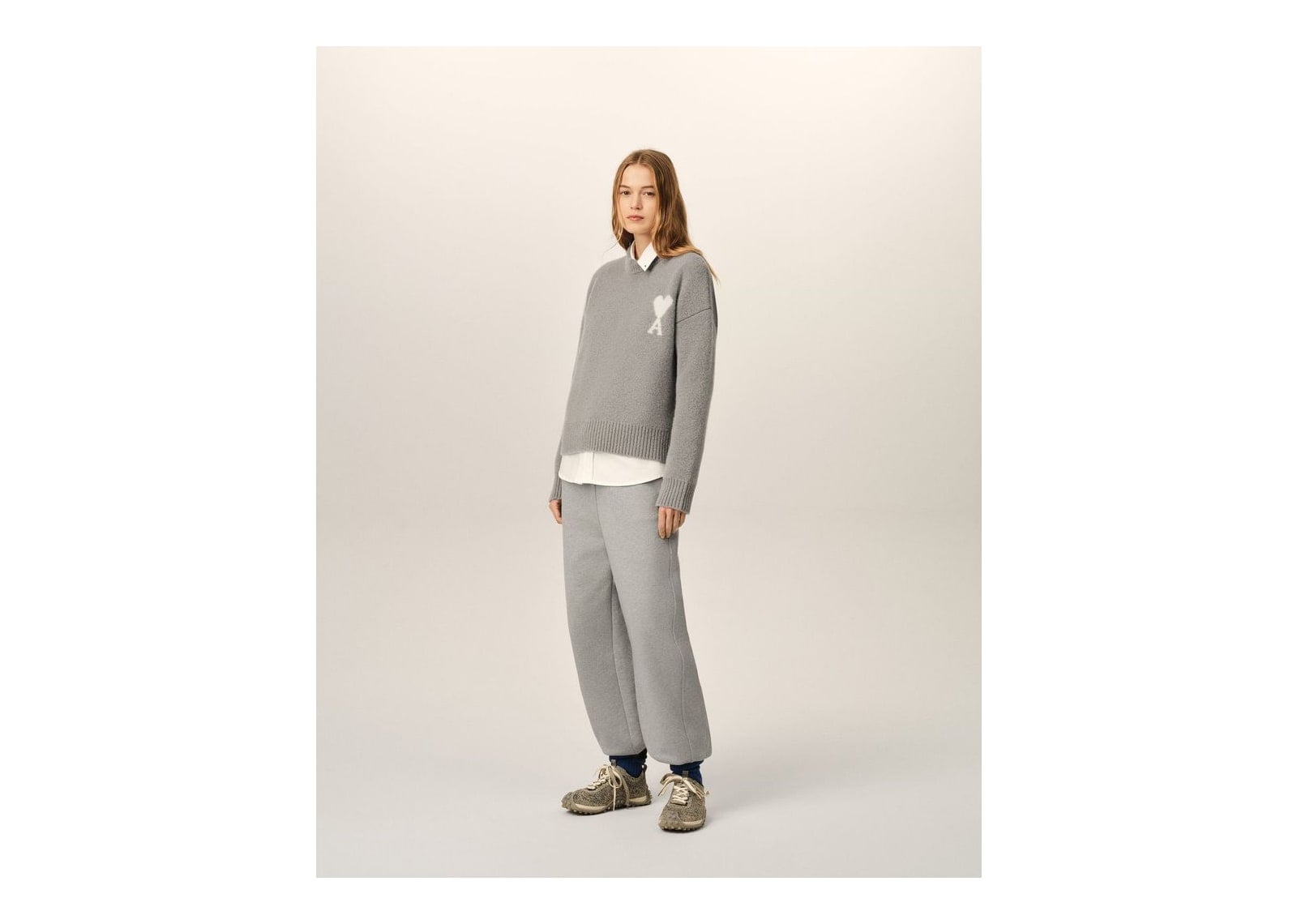 Ami Paris Ami De Coeur Crewneck Alpaca Sweater Ash Grey/Ecru - görsel 12