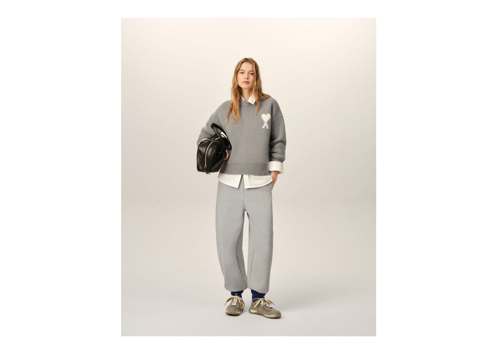 Ami Paris Ami De Coeur Crewneck Alpaca Sweater Ash Grey/Ecru - görsel 9