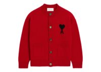 Ami Paris Ami De Coeur Crewneck Wool Cardigan Ruby Red/Black