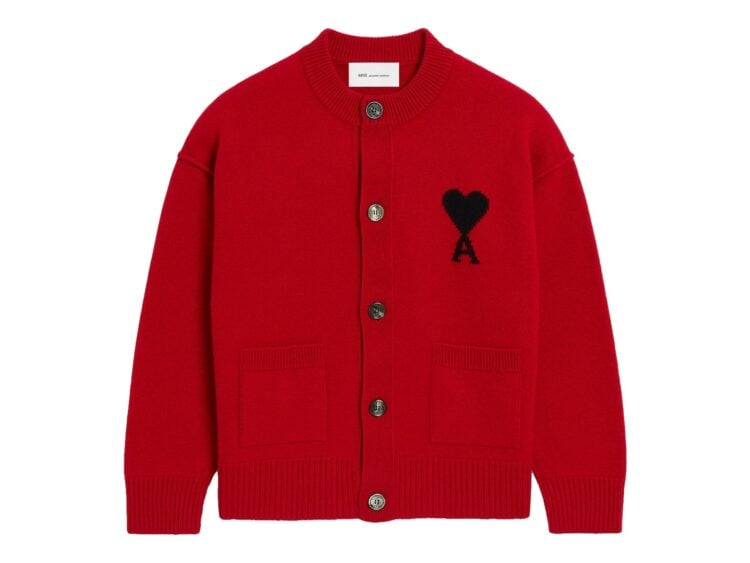 Ami Paris Ami De Coeur Crewneck Wool Cardigan Ruby Red/Black