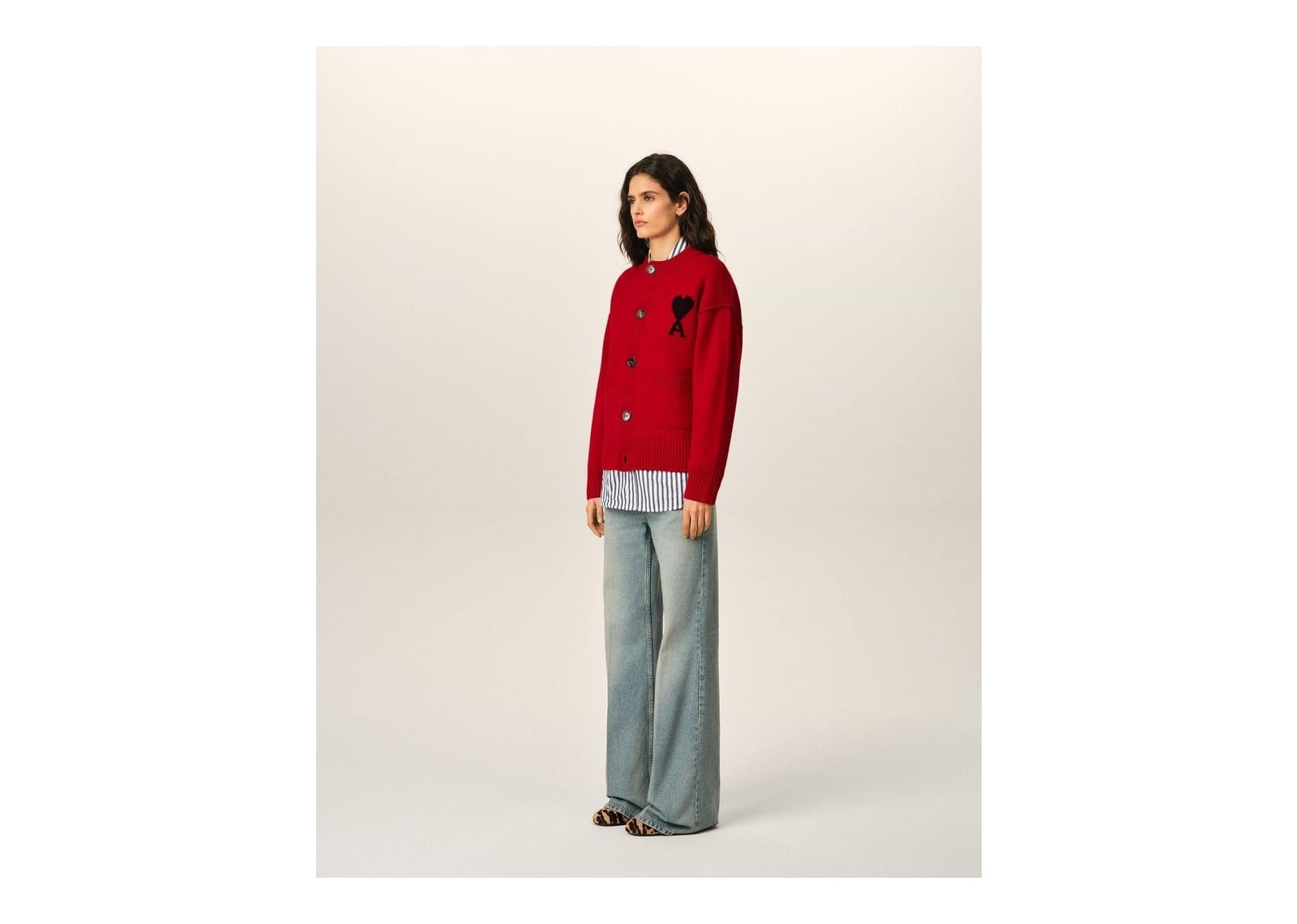 Ami Paris Ami De Coeur Crewneck Wool Cardigan Ruby Red/Black - görsel 12