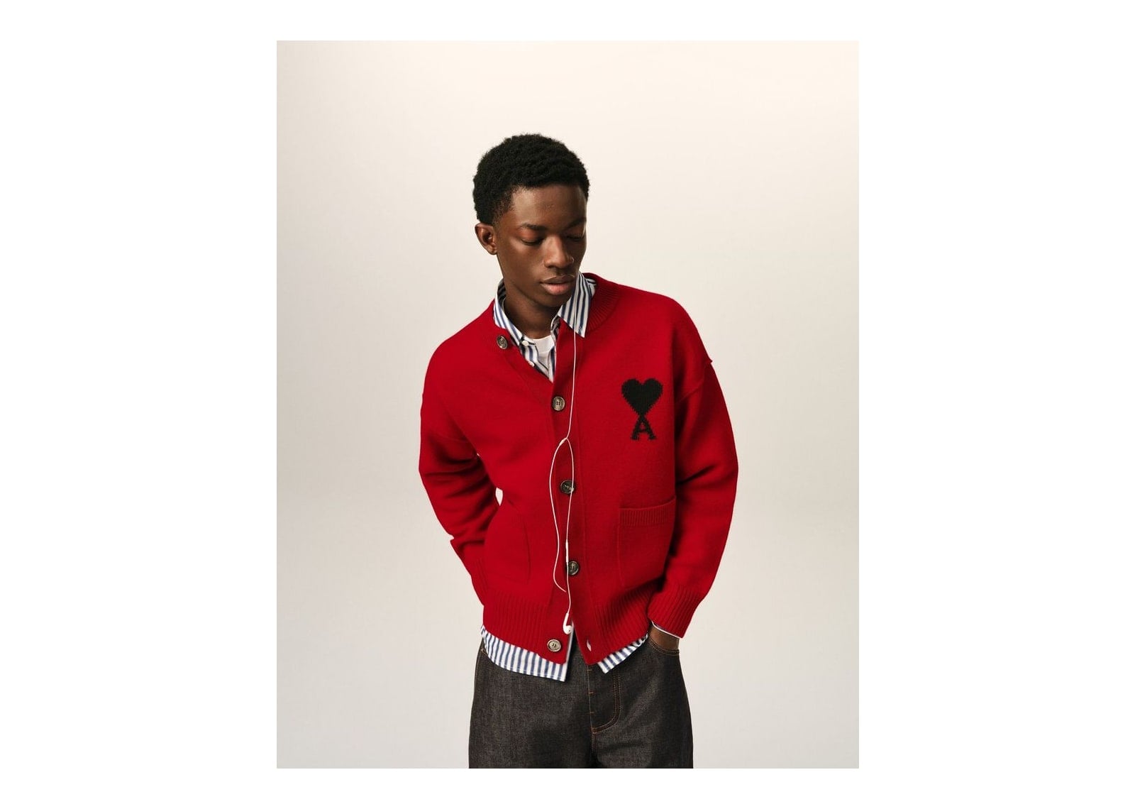 Ami Paris Ami De Coeur Crewneck Wool Cardigan Ruby Red/Black - görsel 2