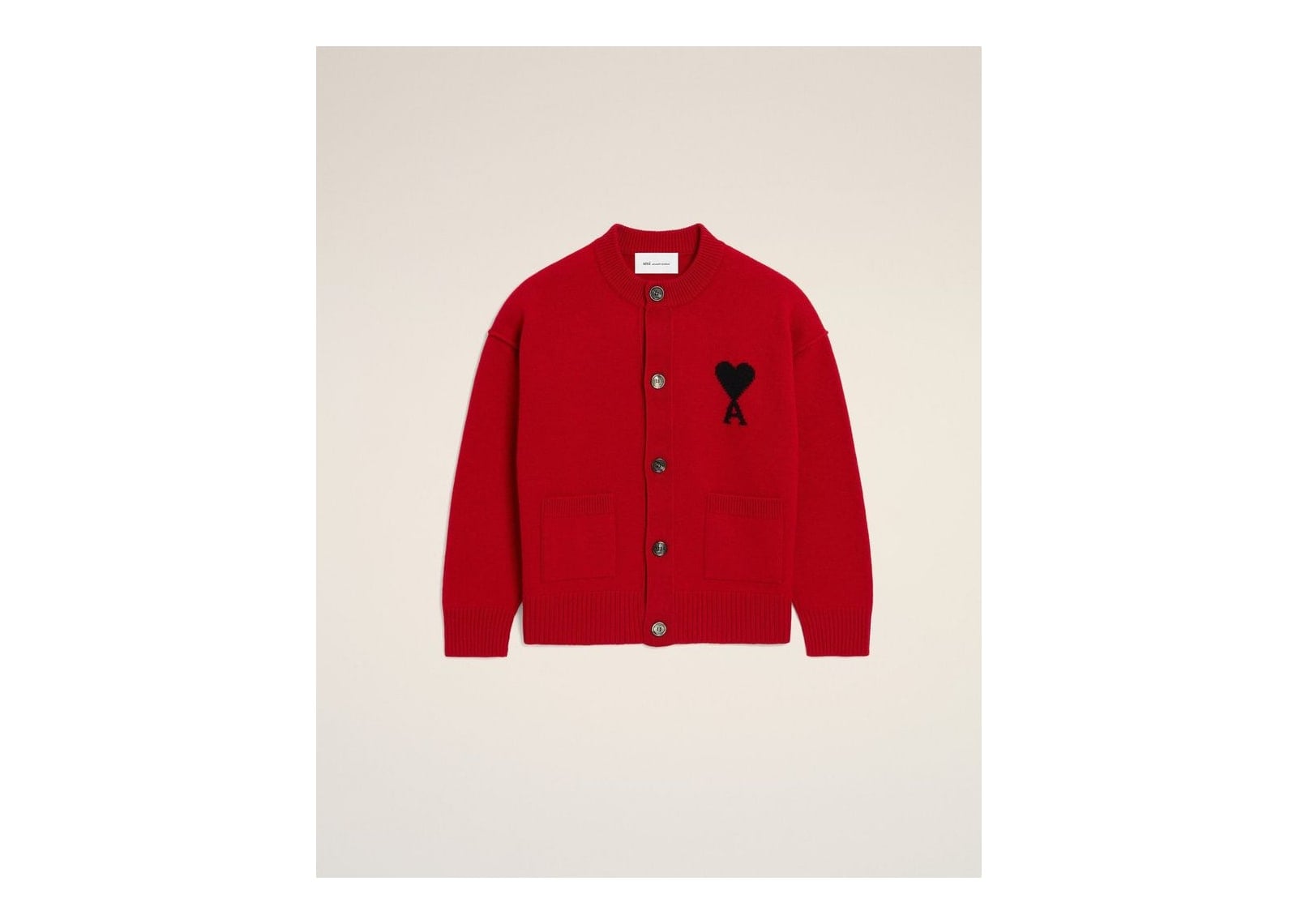 Ami Paris Ami De Coeur Crewneck Wool Cardigan Ruby Red/Black - görsel 7