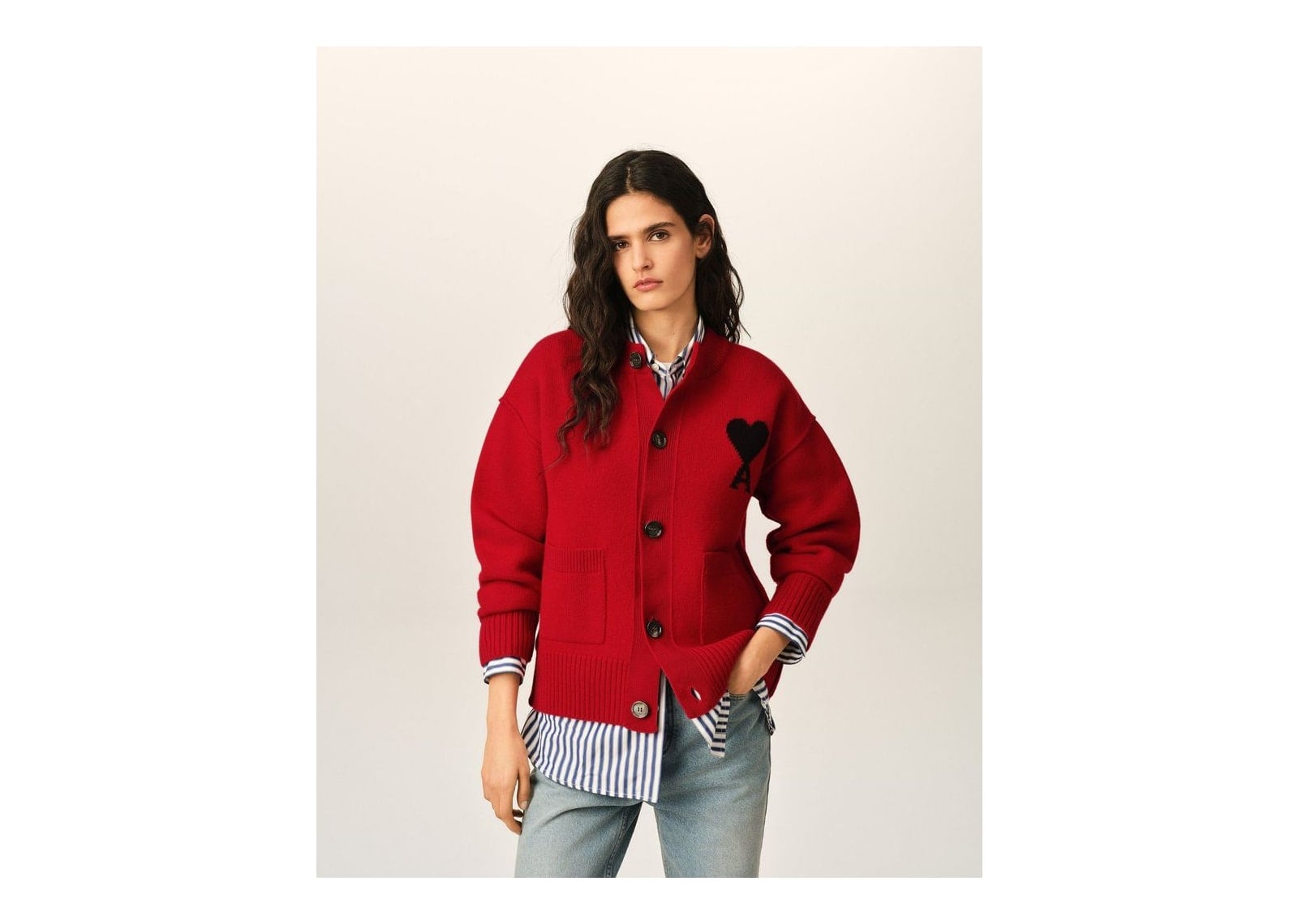 Ami Paris Ami De Coeur Crewneck Wool Cardigan Ruby Red/Black - görsel 8
