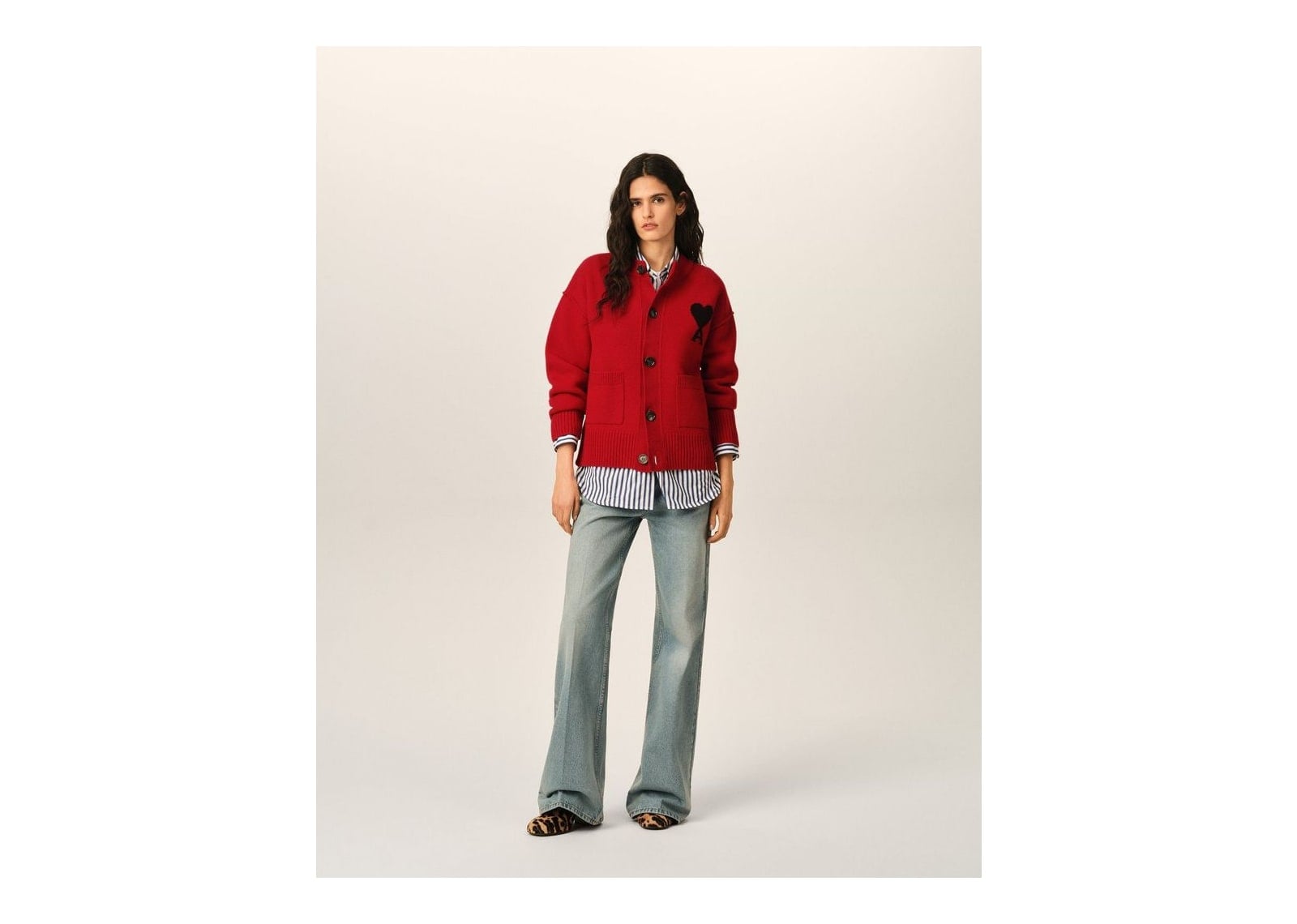 Ami Paris Ami De Coeur Crewneck Wool Cardigan Ruby Red/Black - görsel 9