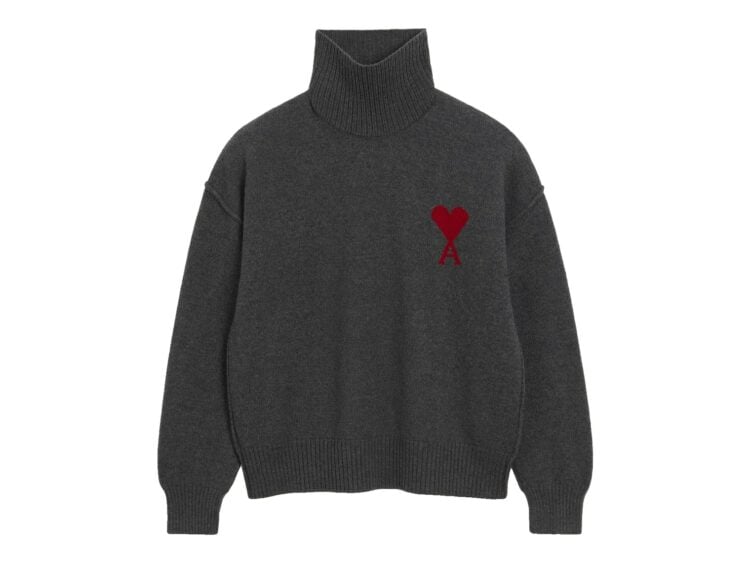 Ami Paris Ami De Coeur Funnel Neck Wool Sweater Heather Grey/Red