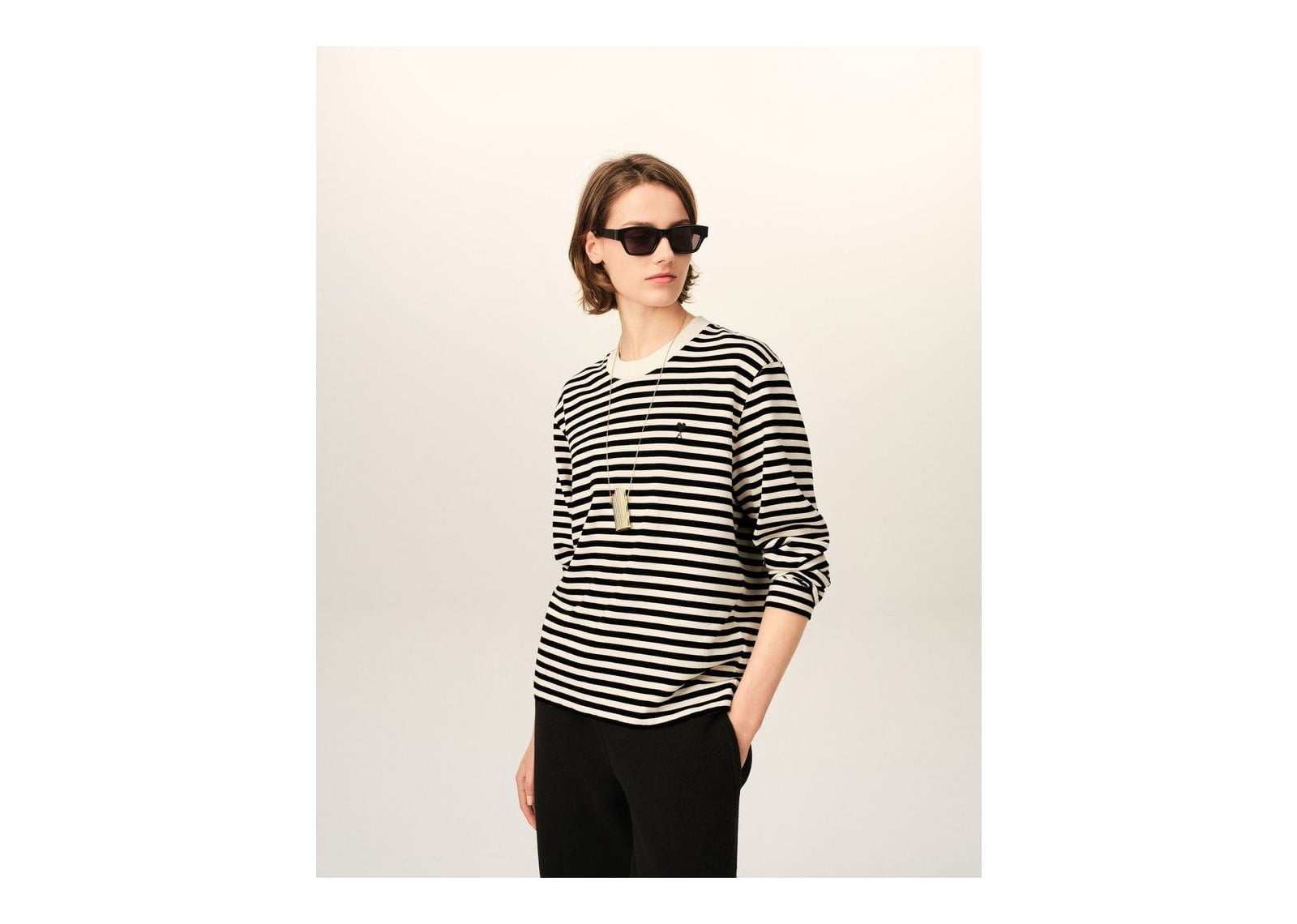 Ami Paris Ami De Coeur Mariniere Cotton T-Shirt Black/Ivory - görsel 8