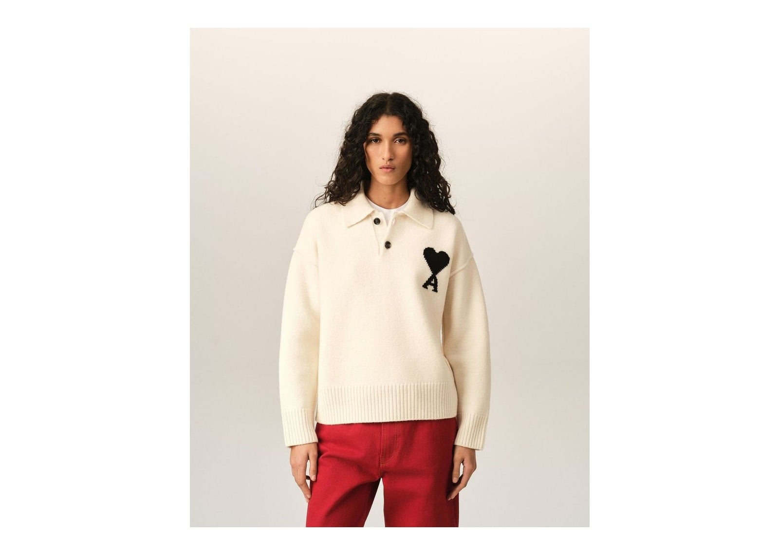 Ami Paris Ami De Coeur Wool Polo Off White/Black - görsel 8