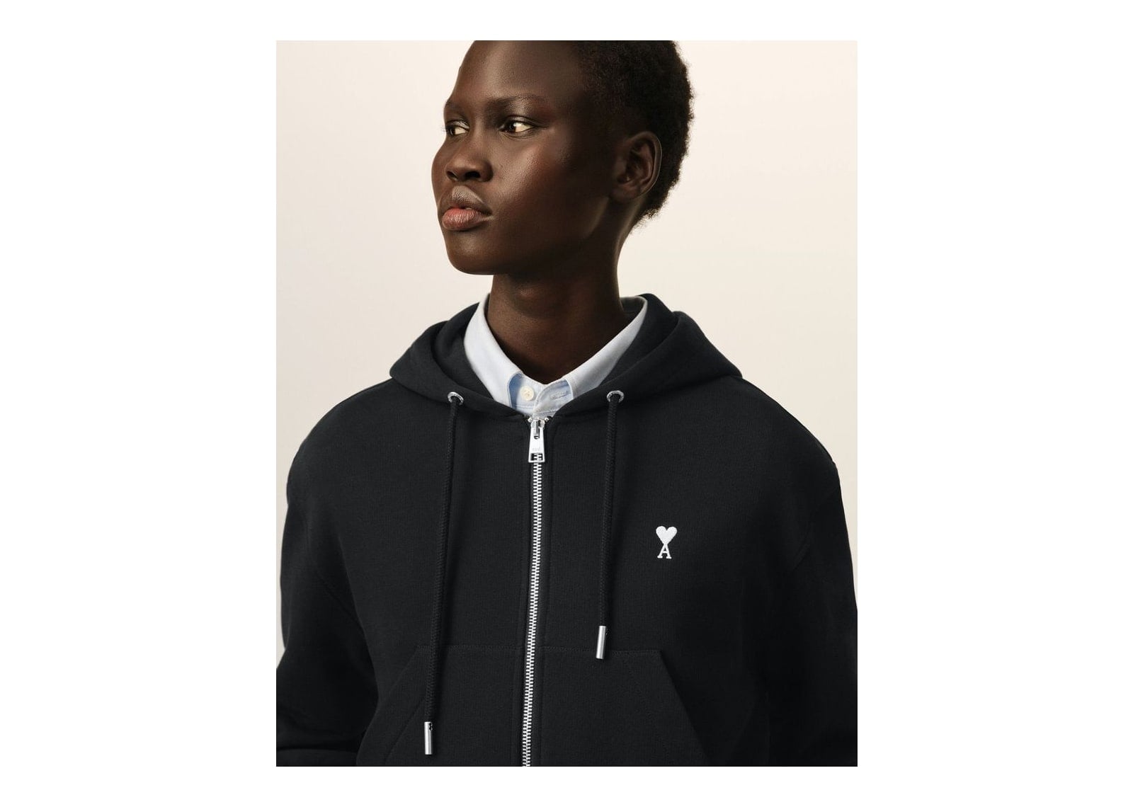 Ami Paris Ami De Coeur Zipped Cotton Hoodie Black/White Cream (W) - görsel 4