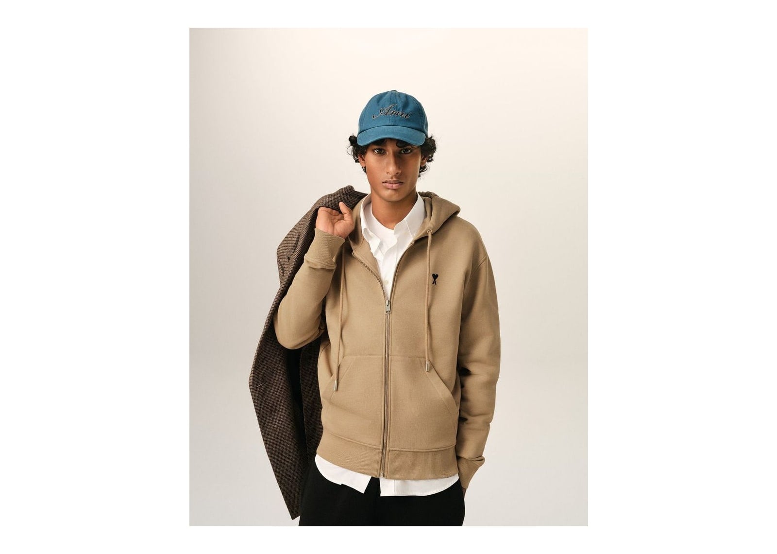 Ami Paris Ami De Coeur Zipped Cotton Hoodie Mastic Beige/Black - görsel 2
