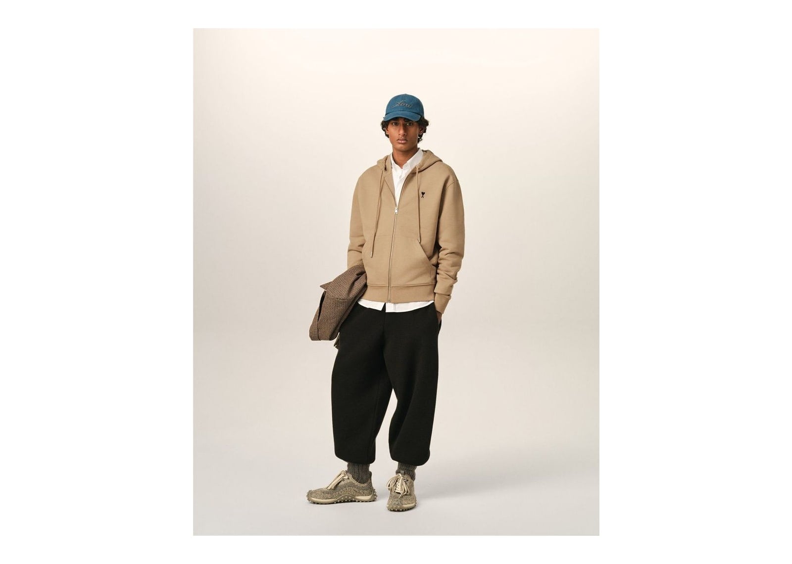 Ami Paris Ami De Coeur Zipped Cotton Hoodie Mastic Beige/Black - görsel 3