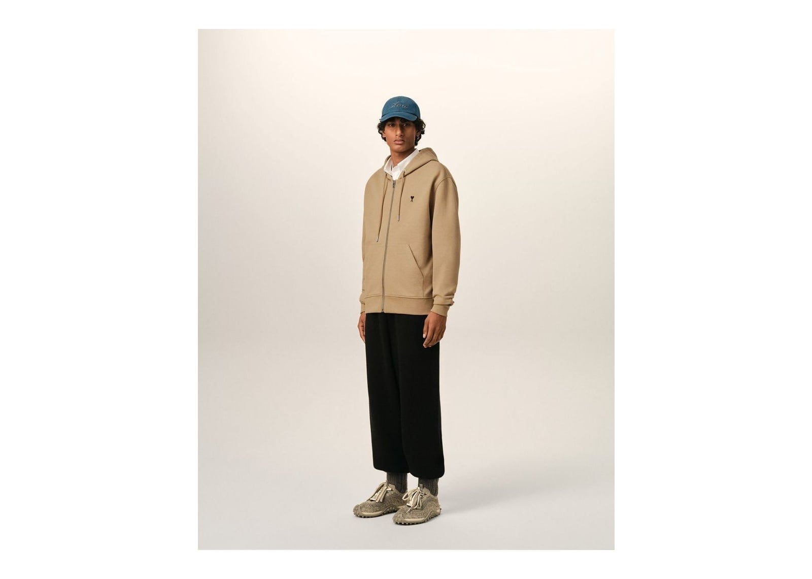 Ami Paris Ami De Coeur Zipped Cotton Hoodie Mastic Beige/Black - görsel 6