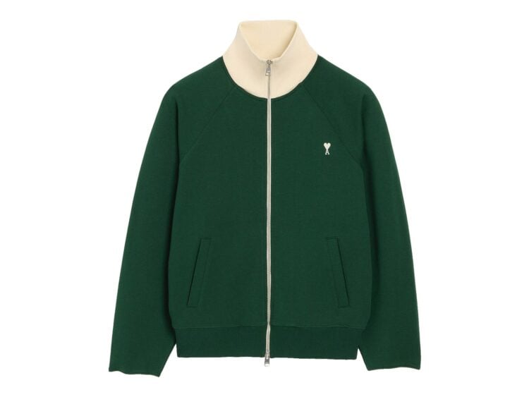 Ami Paris Ami De Coeur Zipped Cotton Sweatshirt Bottle Green/Ivory