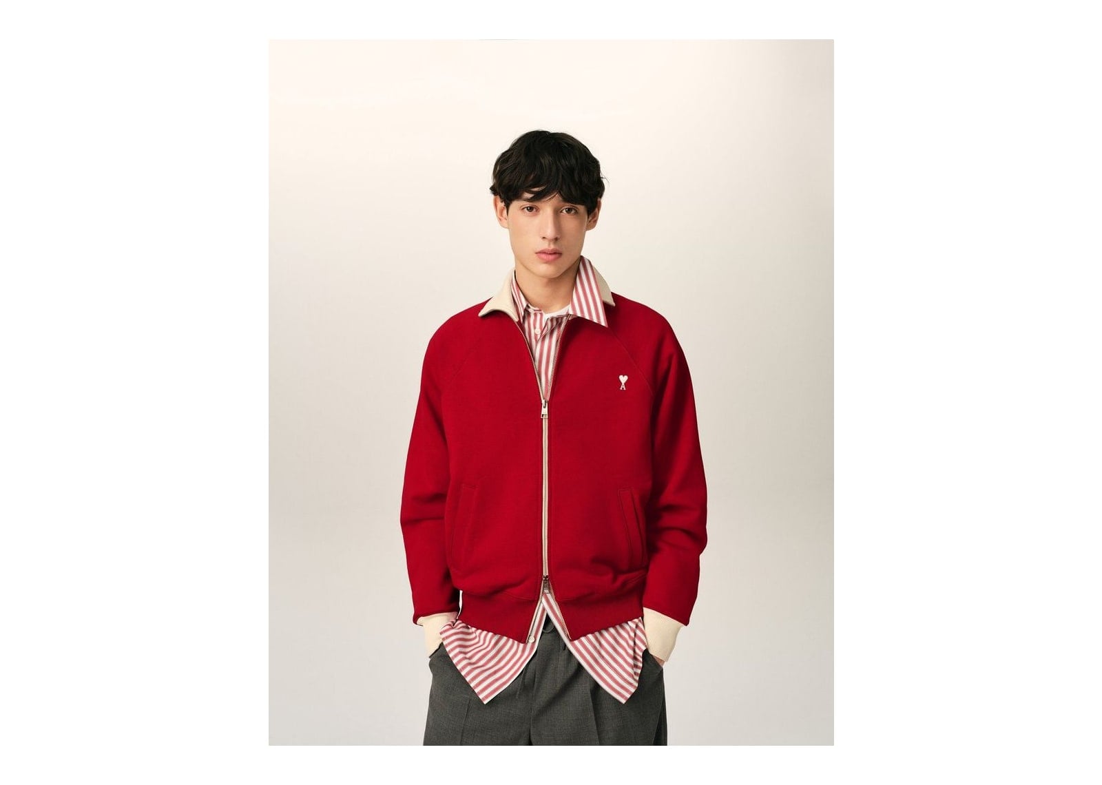 Ami Paris Ami De Coeur Zipped Cotton Sweatshirt Ruby Red/Ivory - görsel 2