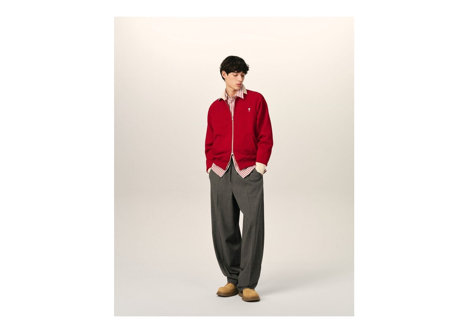 Ami Paris Ami De Coeur Zipped Cotton Sweatshirt Ruby Red/Ivory - görsel 3