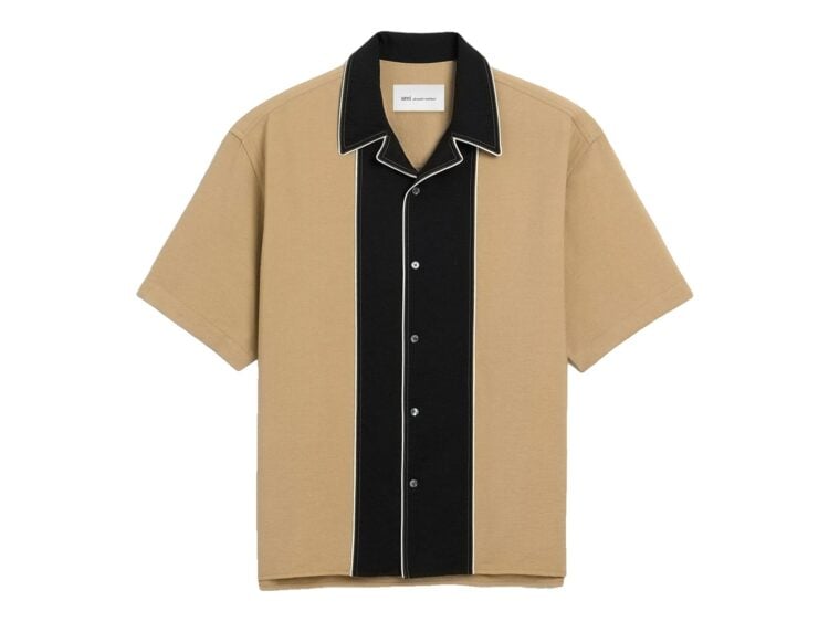 Ami Paris Boxy Bicolor Viscose Twill Short-Sleeve Shirt Mastic Beige
