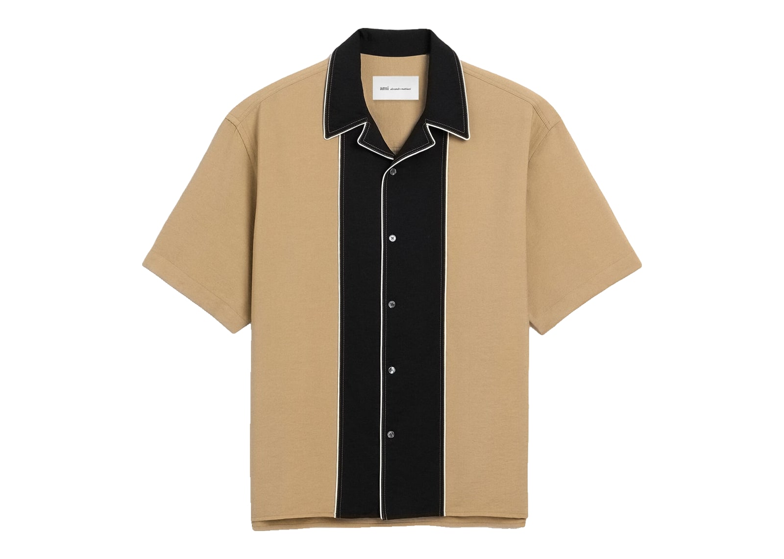 Ami Paris Boxy Bicolor Viscose Twill Short-Sleeve Shirt Mastic Beige