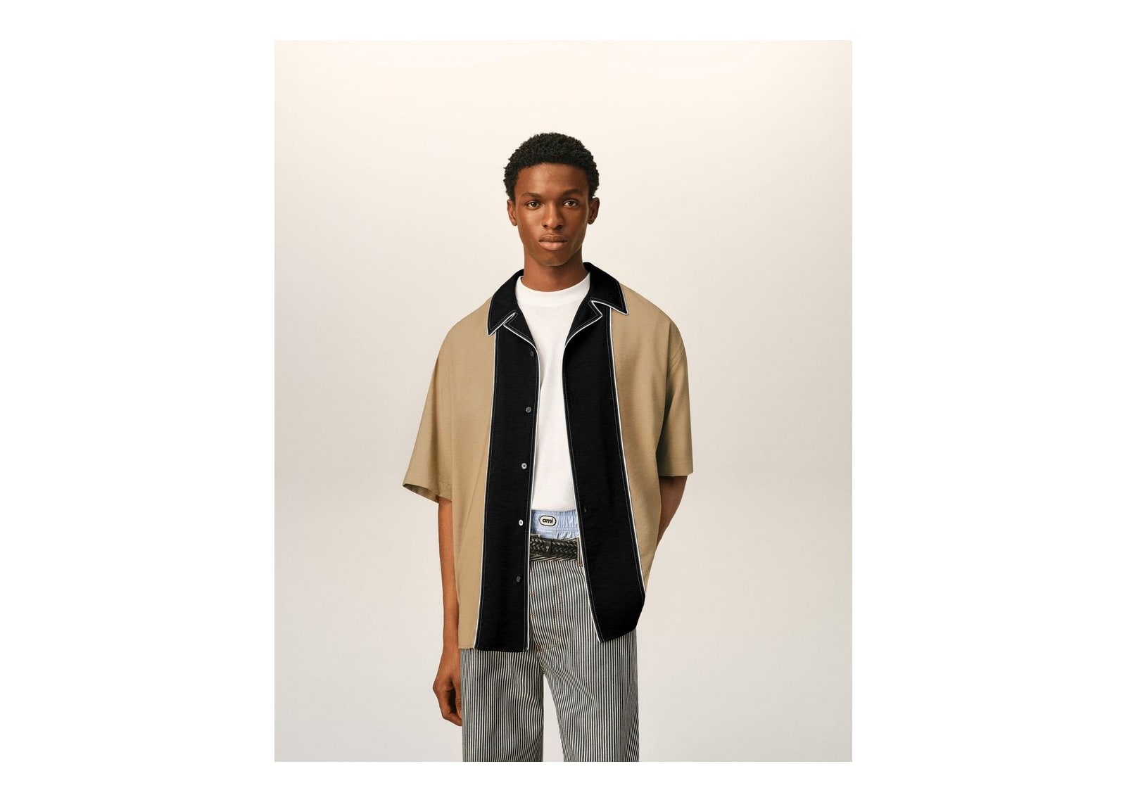 Ami Paris Boxy Bicolor Viscose Twill Short-Sleeve Shirt Mastic Beige - görsel 2