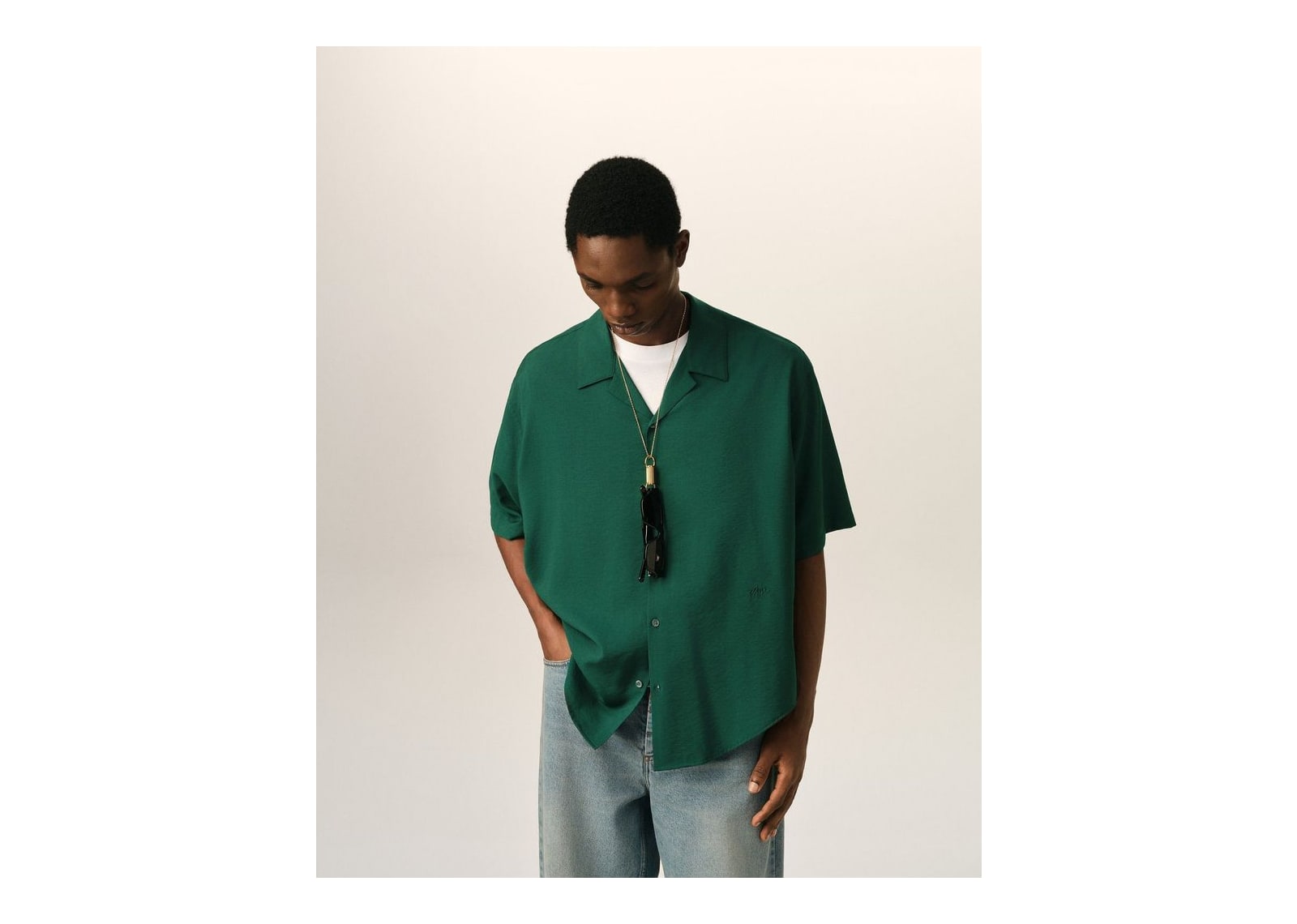 Ami Paris Boxy Viscose Twill Short-Sleeve Shirt Bottle Green - görsel 2