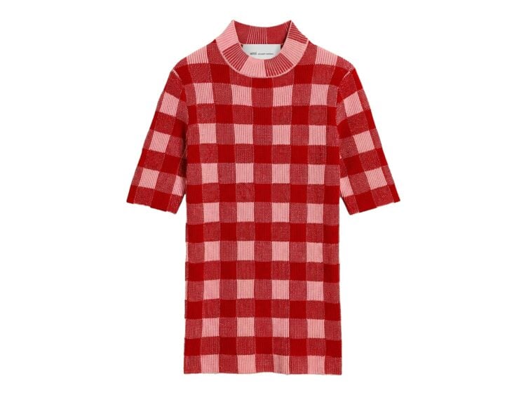 Ami Paris Checkered Wool and Cotton Short Sleeve Sweater Soft Pink/Ruby Red (W)