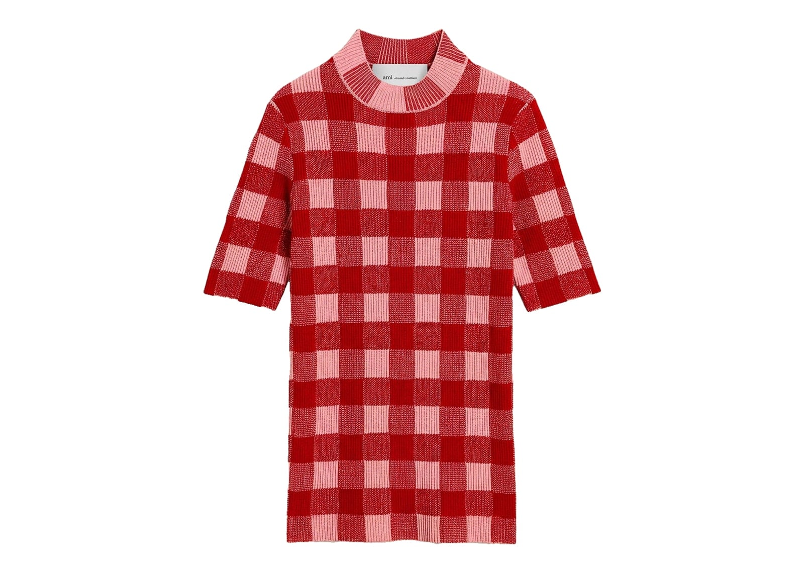 Ami Paris Checkered Wool and Cotton Short Sleeve Sweater Soft Pink/Ruby Red (W)