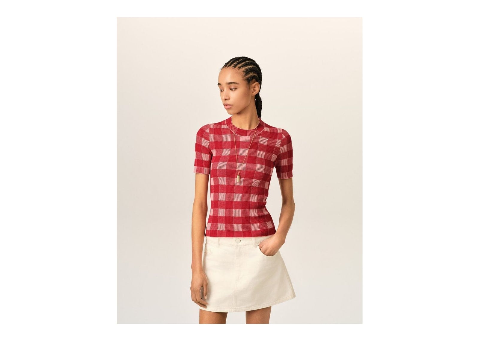 Ami Paris Checkered Wool and Cotton Short Sleeve Sweater Soft Pink/Ruby Red (W) - görsel 2