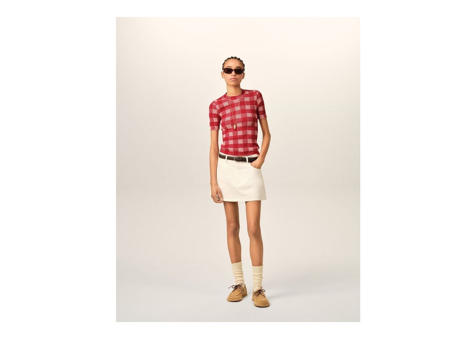 Ami Paris Checkered Wool and Cotton Short Sleeve Sweater Soft Pink/Ruby Red (W) - görsel 3