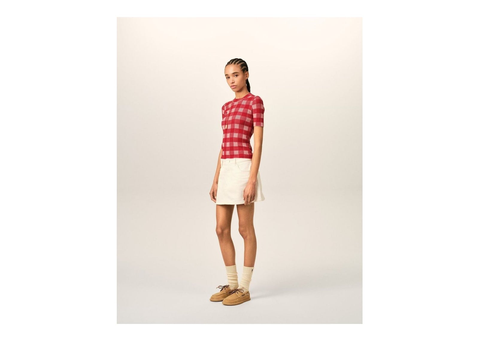 Ami Paris Checkered Wool and Cotton Short Sleeve Sweater Soft Pink/Ruby Red (W) - görsel 6
