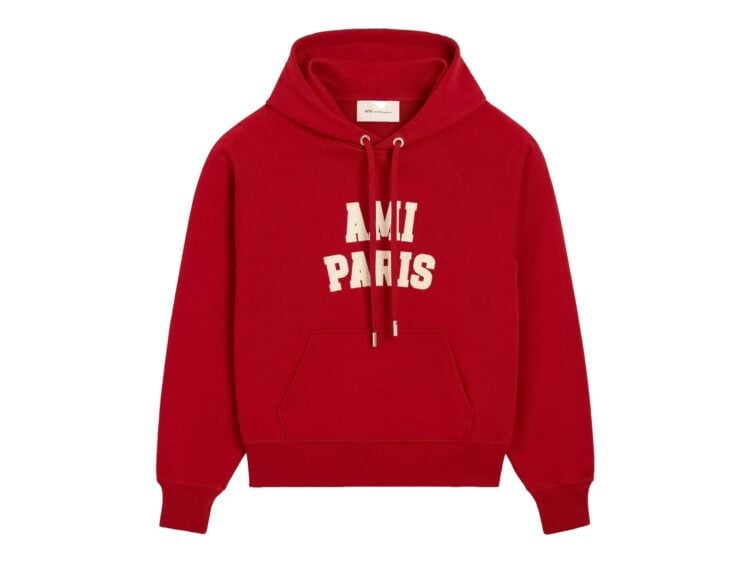 Ami Paris Cotton Hoodie with Ami Paris Embroidery Ruby Red/Ivory
