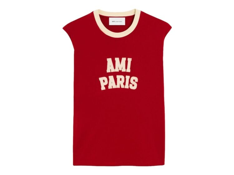 Ami Paris Cotton T-Shirt with Ami Paris Embroidery Ruby Red/Ivory