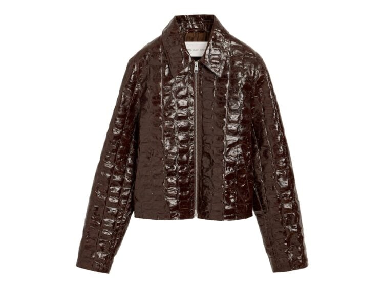 Ami Paris Crocodile Embossed Cowhide Leather Zipped Jacket Dark Cherry