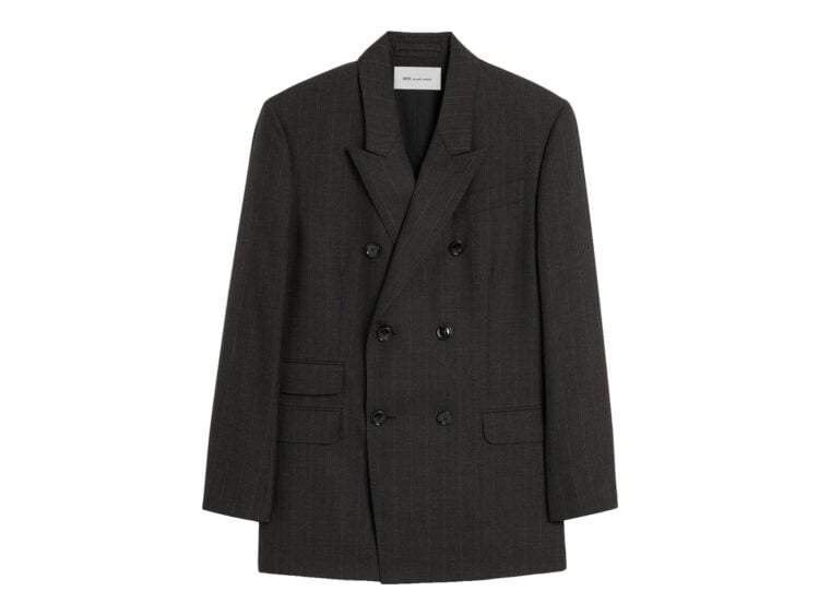 Ami Paris Double Breasted Striped Wool Blazer Carbon Grey/Chocolate Brown