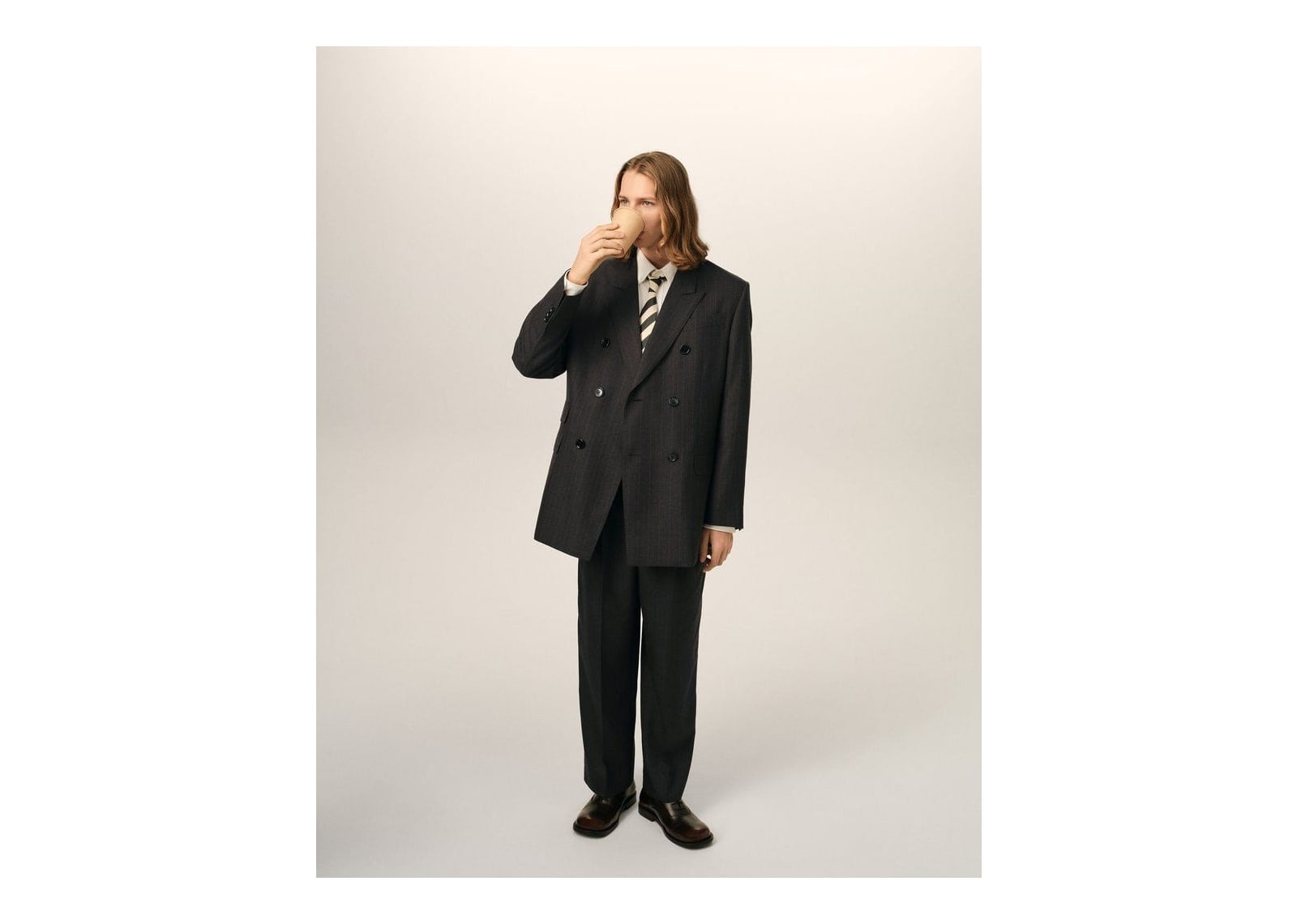 Ami Paris Double Breasted Striped Wool Blazer Carbon Grey/Chocolate Brown - görsel 2