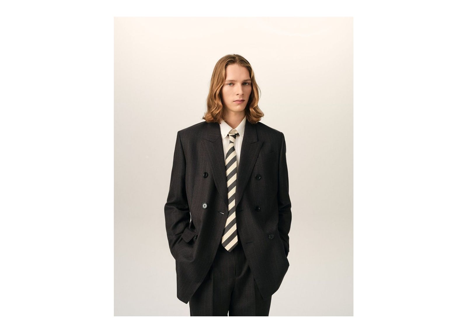 Ami Paris Double Breasted Striped Wool Blazer Carbon Grey/Chocolate Brown - görsel 3
