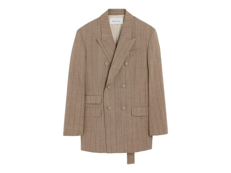 Ami Paris Double Breasted Striped Wool Blazer Chocolate Brown/Ruby Red