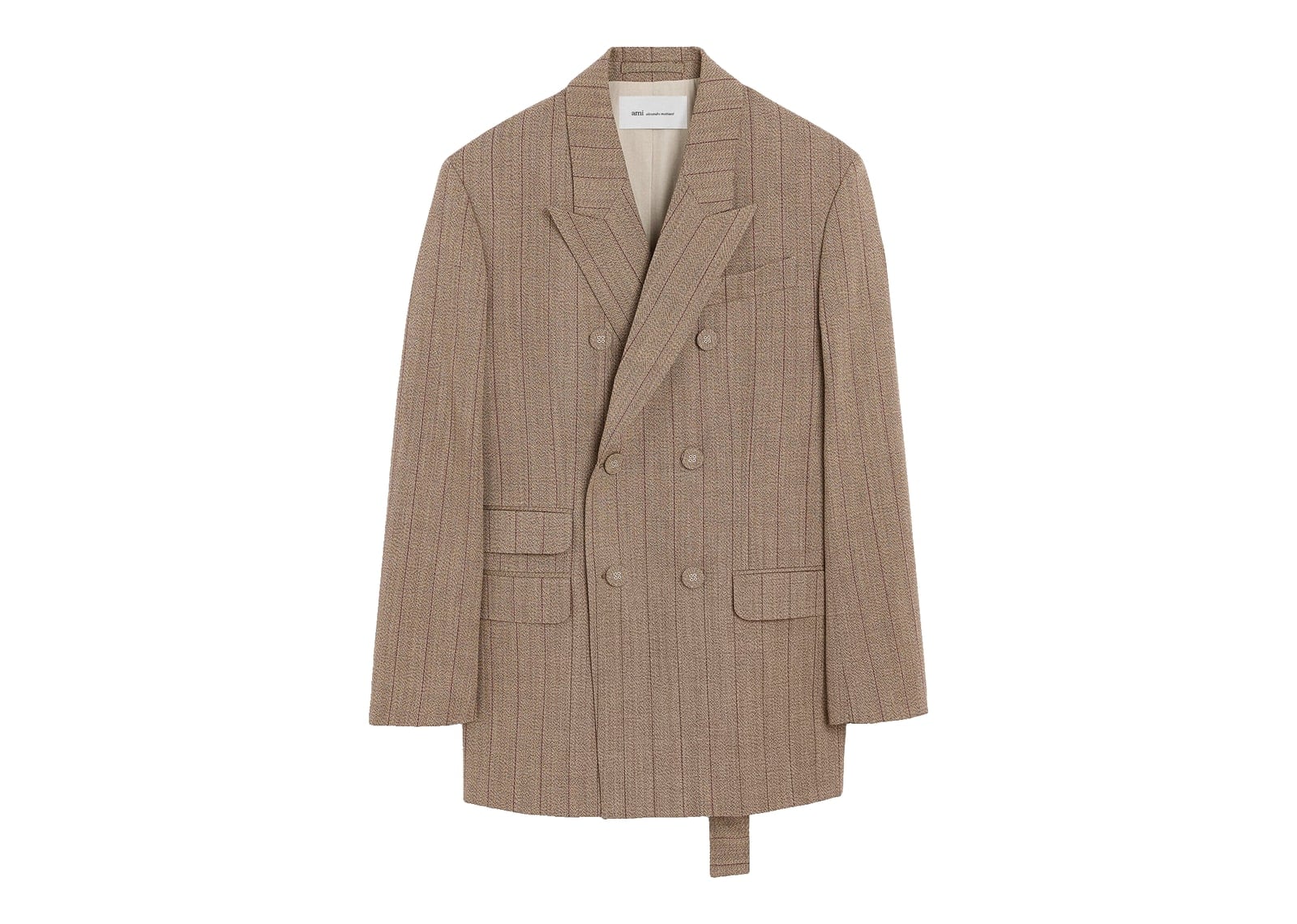 Ami Paris Double Breasted Striped Wool Blazer Chocolate Brown/Ruby Red