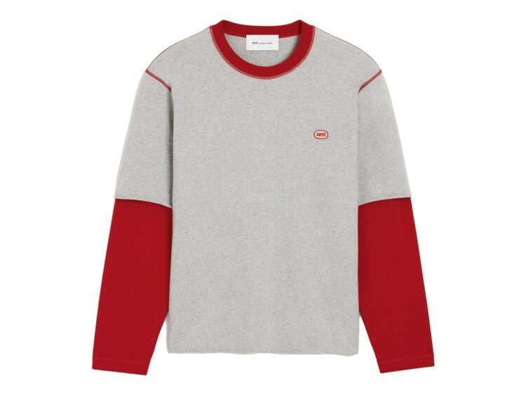 Ami Paris Double Sleeves Cotton T-Shirt with Ami Patch Ash Grey Chine/Red