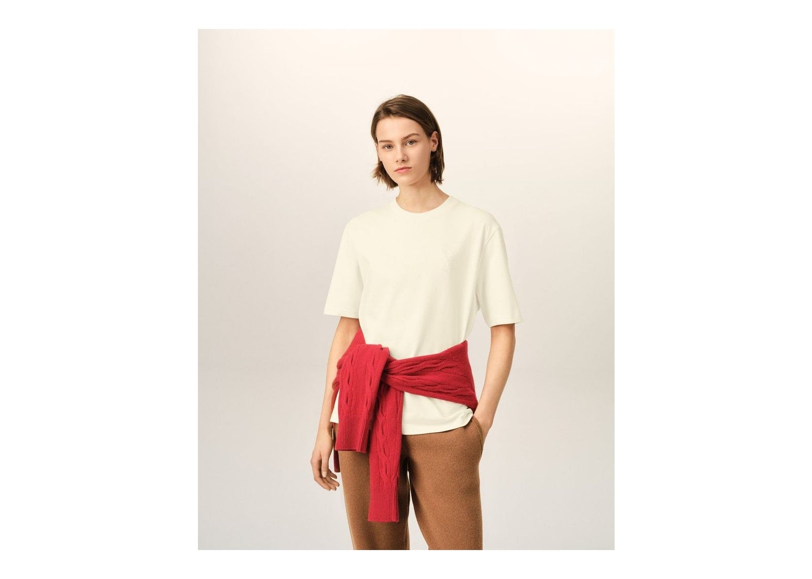 Ami Paris Embossed Ami De Coeur Cotton T-Shirt Ivory - görsel 8