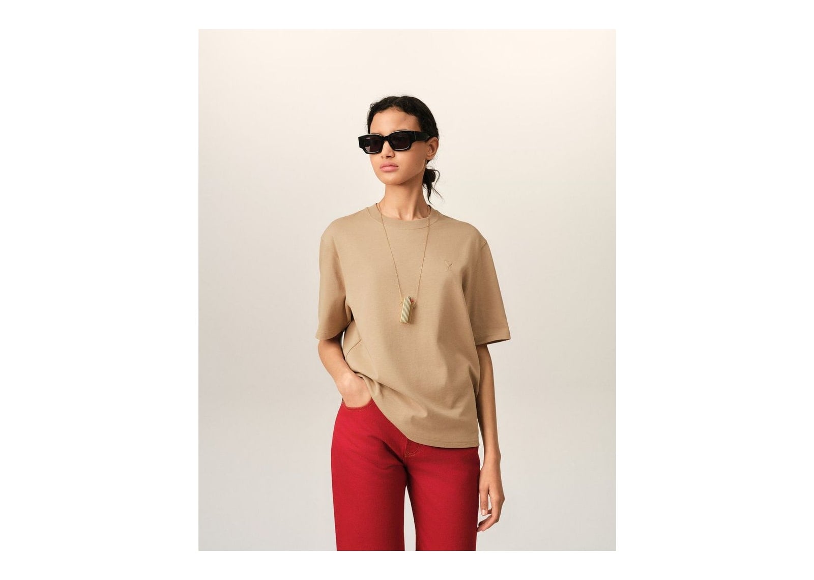 Ami Paris Embossed Ami De Coeur Cotton T-Shirt Mastic Beige - görsel 8