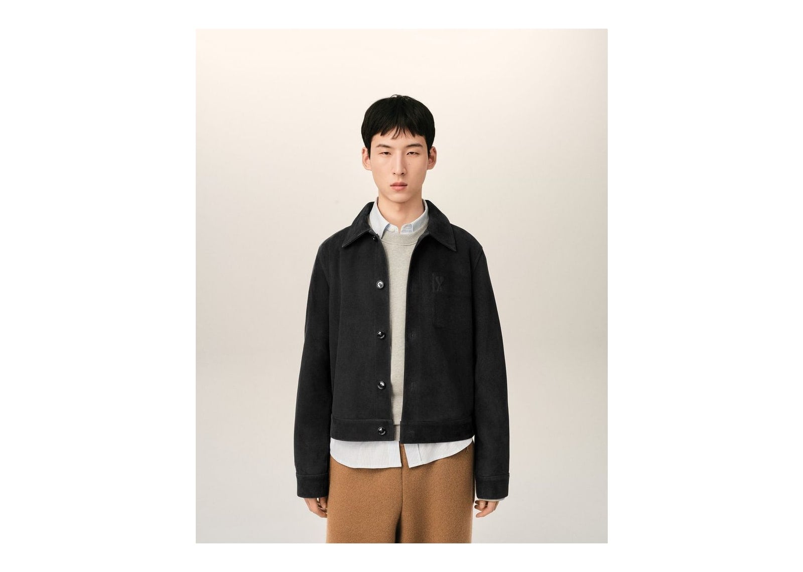 Ami Paris Embossed Ami De Coeur Suede Leather Jacket Black - görsel 3