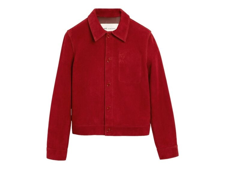 Ami Paris Embossed Ami De Coeur Suede Leather Jacket Ruby Red